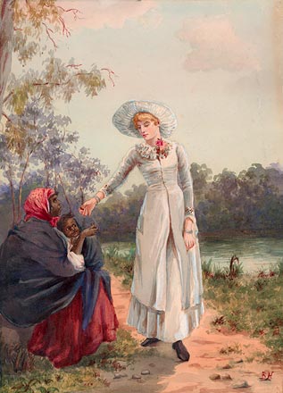 [Aboriginal woman receiving alms from a European lady] by unknown artist