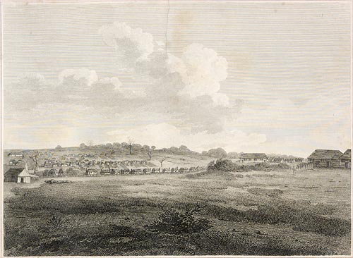 A south East View in Sydney, extending from the old to the new Barracks, including the Church, Pitt and Spring Rows by David Collins