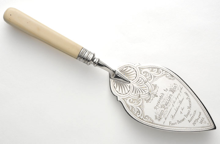 [Silver trowel] presented to Louis Phillips Esqr on the occasion of the laying of the foundation stone of the first patent bread making plant in Australia