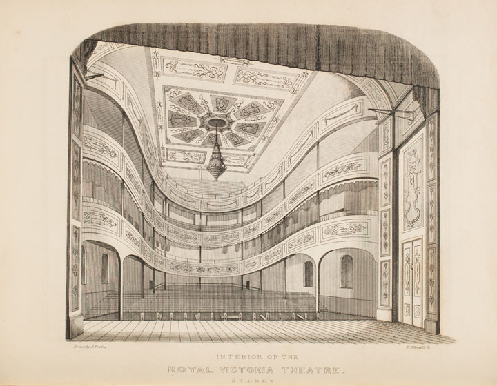 Interior of the Royal Victoria Theatre, Sydney, engraving, Sydney in 1848&hellip;, Sydney : J. Fowles, [1848?]. Printed.