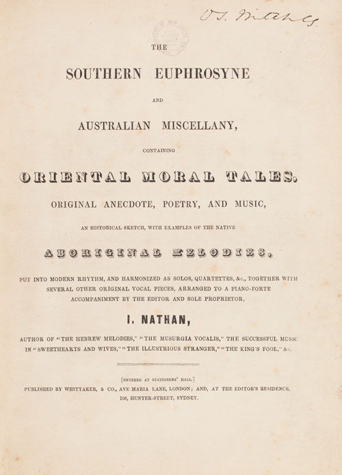  'Traits of the Australian Aborigines various Koo-ees', The Southern Euphrosyne and Australian Miscellany, containing&hellip;Aboriginal Melodies&hellip;, I. Nathan, Sydney, 1849. Printed.