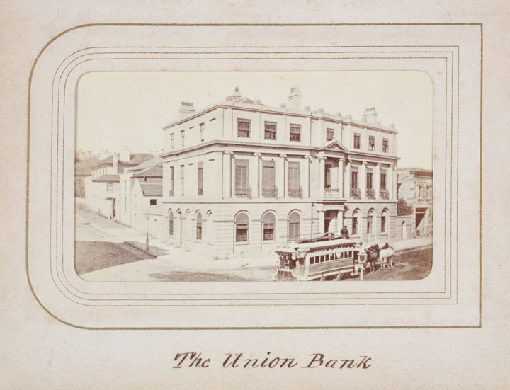 Horse-drawn tram, outside the Union Bank, Pitt Street, Sydney, c.1864, albumen photoprint by Edward Turner. 