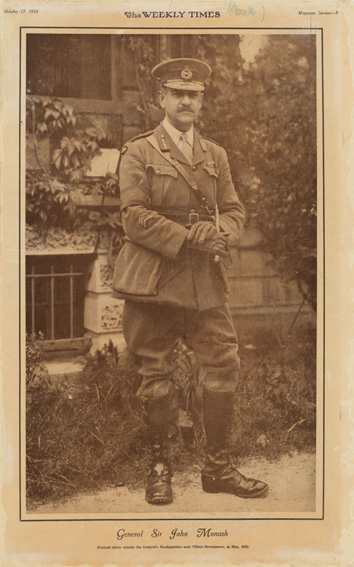 General Sir John Monash, May 1918, outside his headquarters in Villers-Bretonneux, France. Printed photograph.