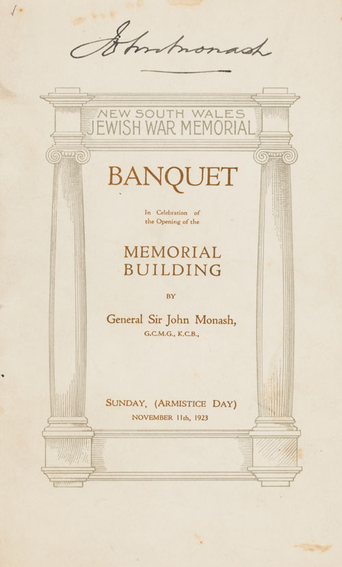 Cover, Banquet in Celebration of the Opening of the Memorial Building,11/11/1923. Printed pamphlet. 