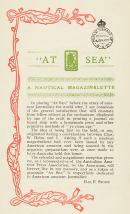 Detail, At sea : a nautical magazinelette. [Printed at sea] : Hal E. Stone, 1904. Shipboard newspaper. 910.42/A [p. 1]