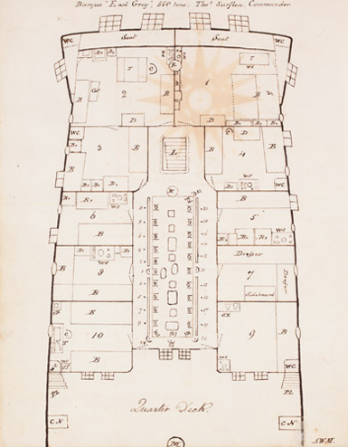 Detail, Plan of the Earl Grey, from Journal of a voyage from Plymouth to Sydney on the Earl Grey, 1839-1840, by Arthur Wilcox Manning. Manuscript journal. MLMSS 7390