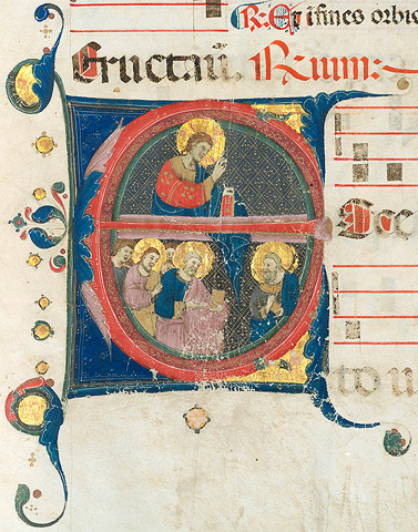 Historiated letter E illustrating Christ blessing the four saints