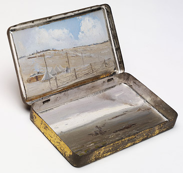 Tin box with two oil paintings on the interior surfaces 