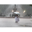A recently married couple have their wedding photos taken in Hyde Park in torrential weather. Photo: Helen Nezdropa 